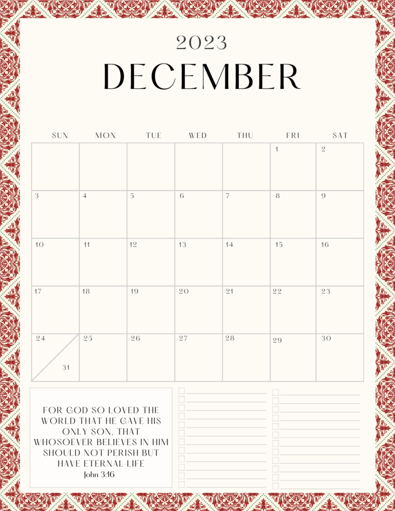 Free Printable December 2023 Calendar Christmas Border